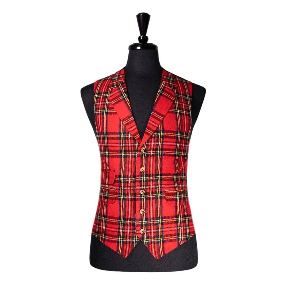 Mens 42R Wool Vest Red Tartan Plaid Waistcoat Formal Wedding Christmas Party